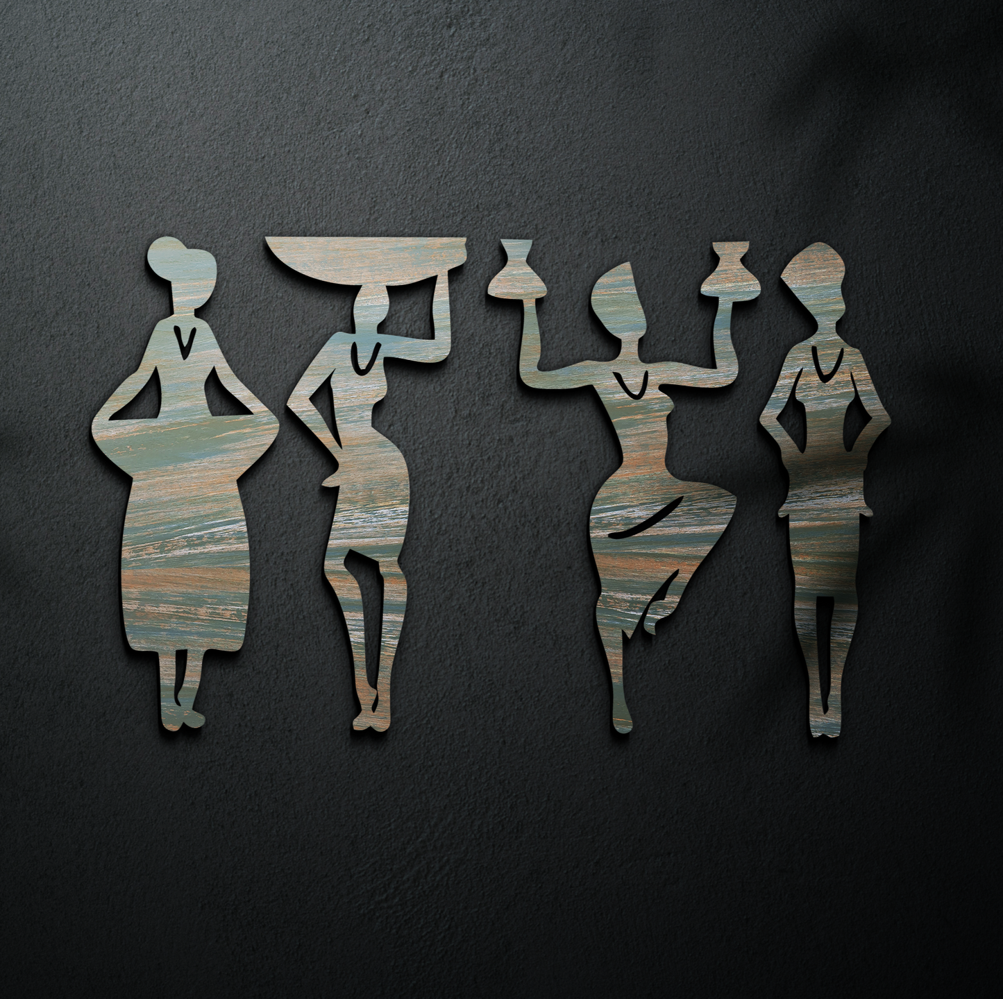 2 in 1 Rustic Green and Gold 3D Tribal Women 4 Pcs Wall Decor Art