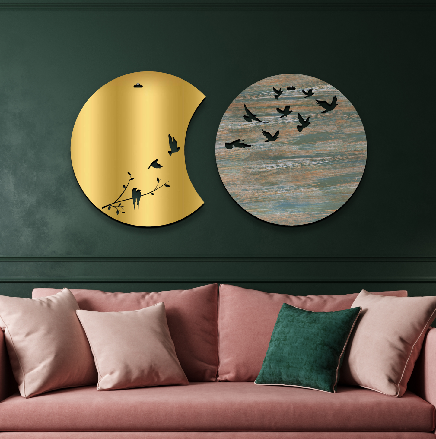 Flying Birds in Waning Gibbous and Full Moon Wooden Wall Art