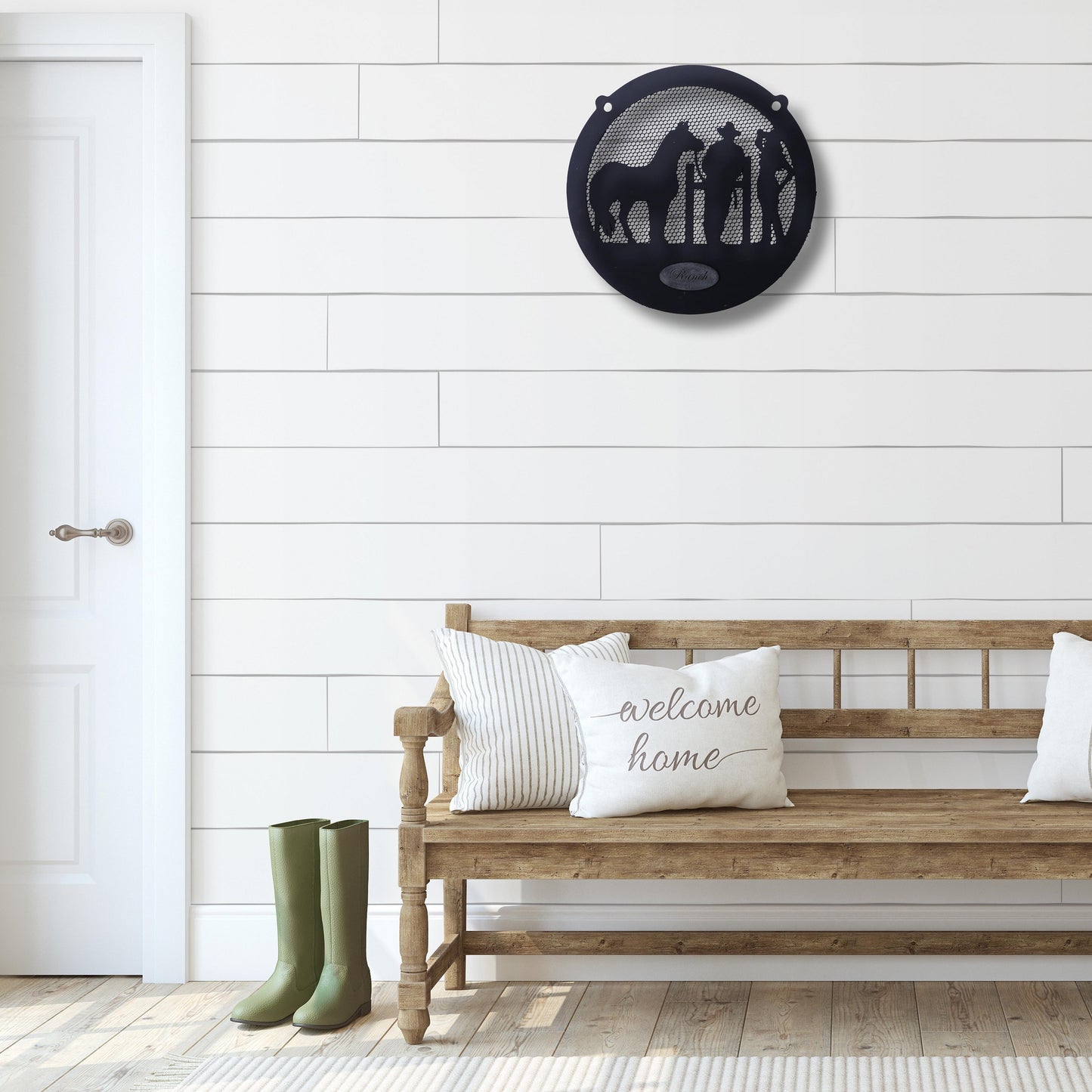 3D Wooden Couple With Horse Ranch Wall Hanging-Black & Silver