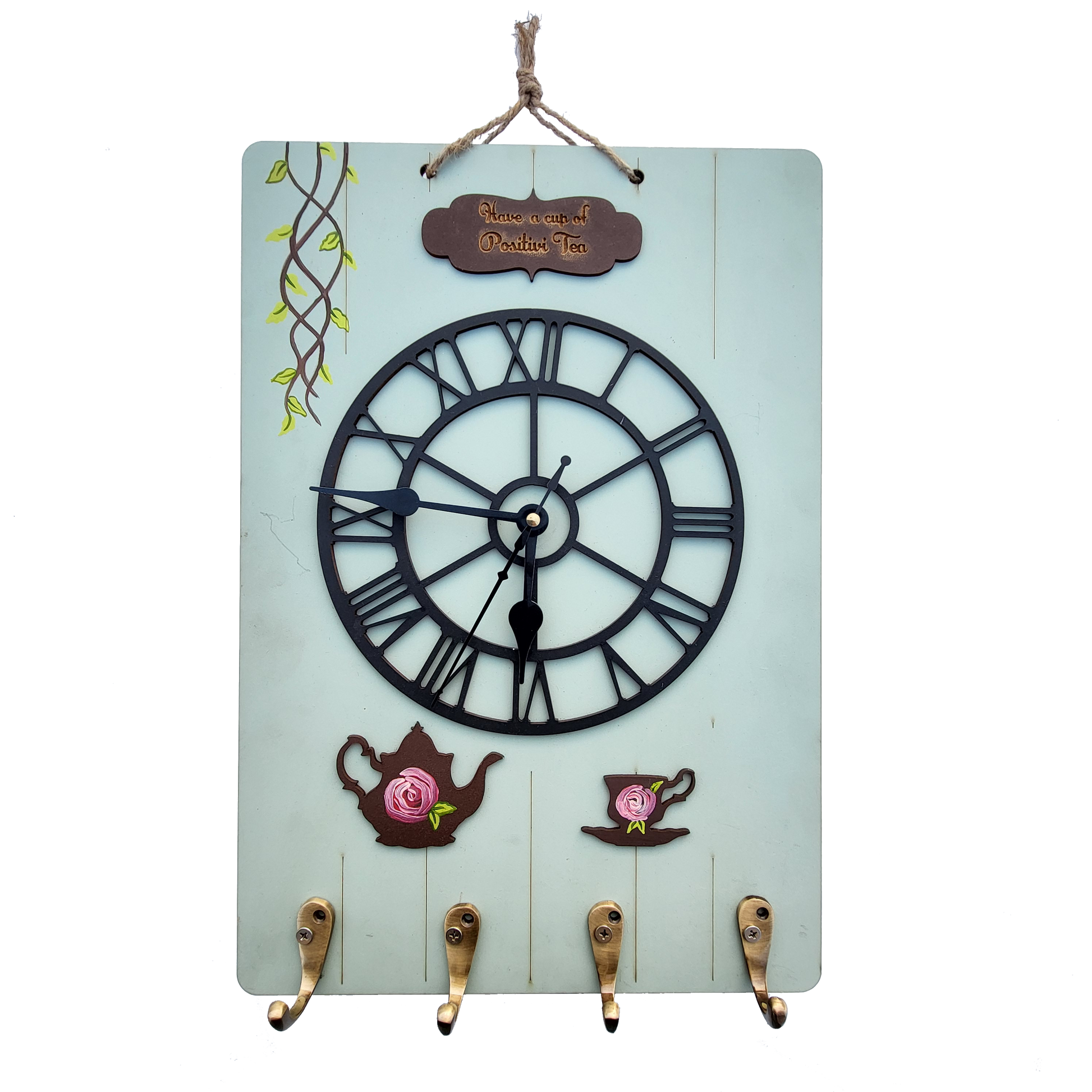 Vintage Clock With 4 Key Holders Wooden Wall Décor
