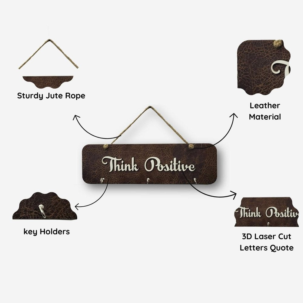 Leather Key Holder With Wooden Letters Quote, 3 Hooks & Jute Rope For Personalization