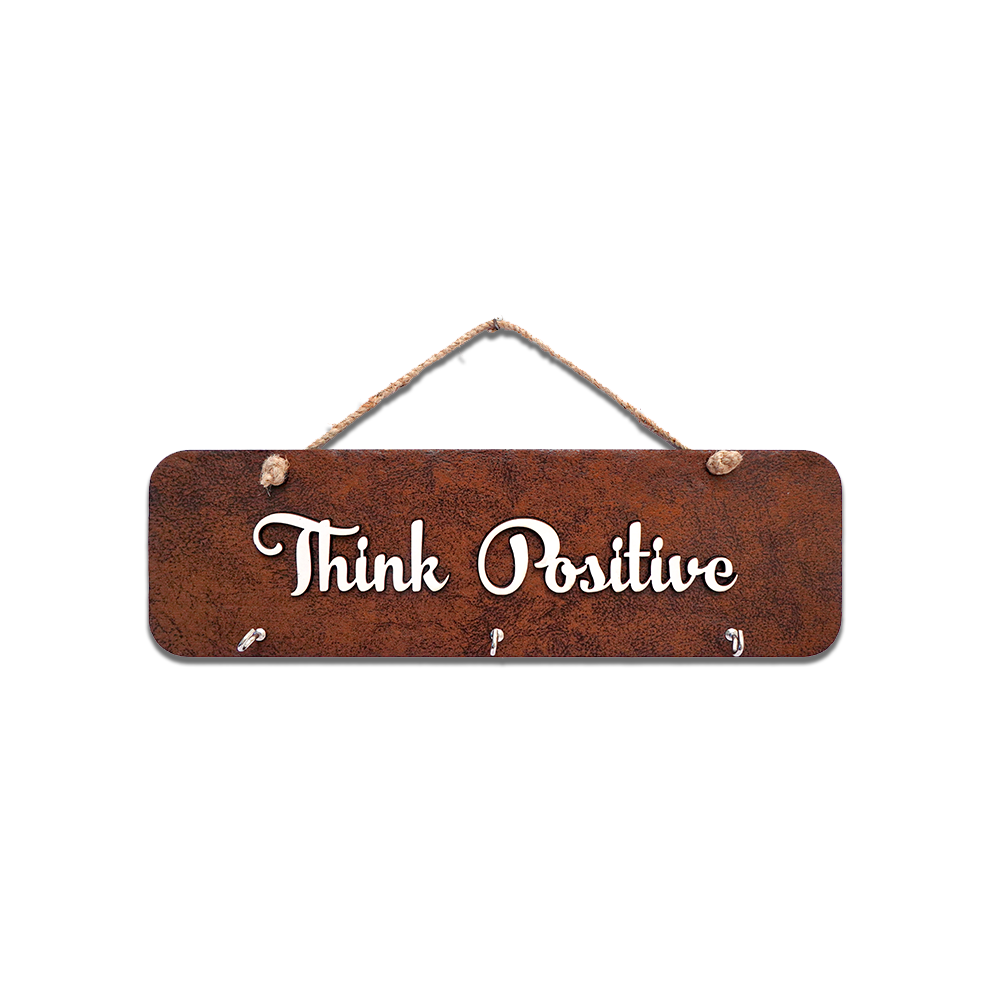 Think Positive Quote Leather Key Holder With 3 Hooks & Jute Rope