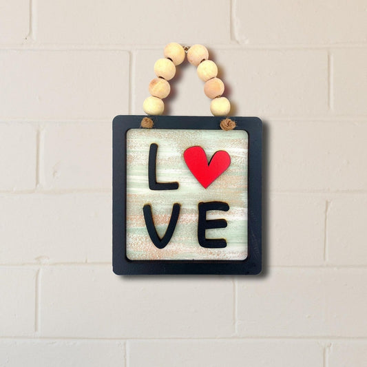 LOVE Square Wooden Wall Décor With Wooden Balls Hanging Rope
