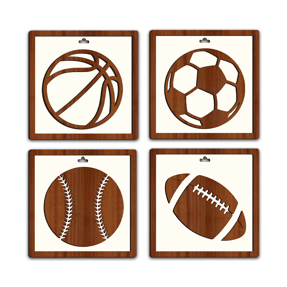 Set Of 4 Basketball, Baseball, Soccer, American Football, Framed Wooden Wall Art