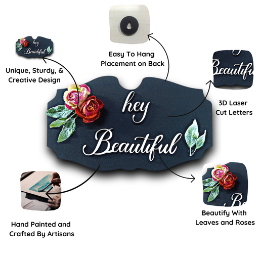 Hey Beautiful 3D Wooden Wall Art With Beautiful Flowers and Leaves
