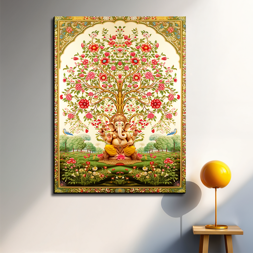Tree of Life Pichwai With Ganesh Wood Print Wall Art