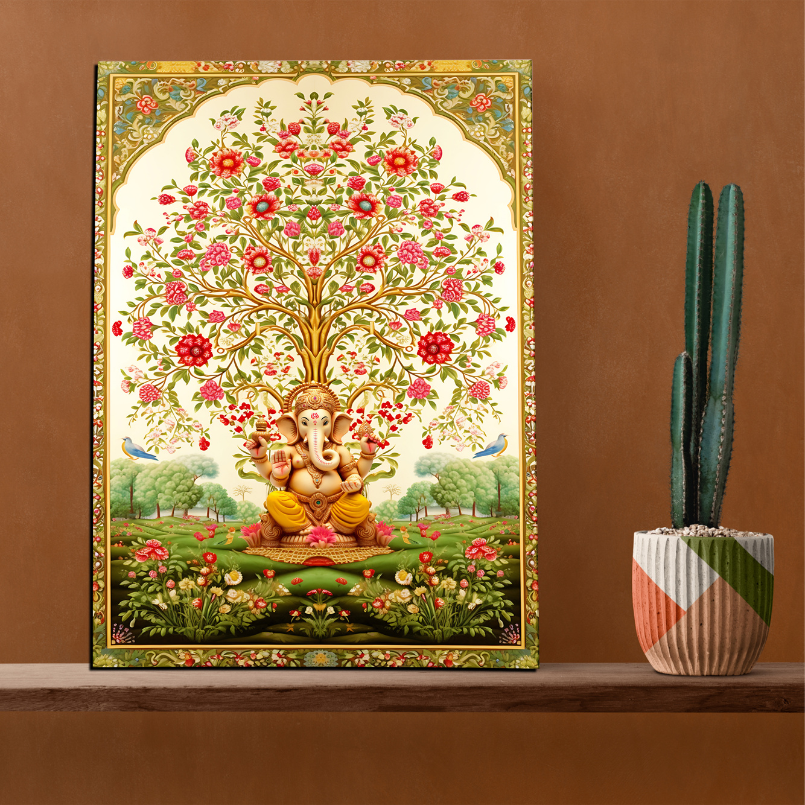 Tree of Life Pichwai With Ganesh Wood Print Wall Art