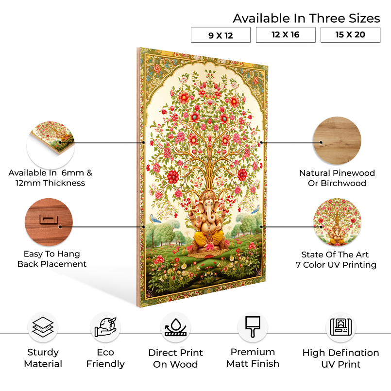 Tree of Life Pichwai With Ganesh Wood Print Wall Art