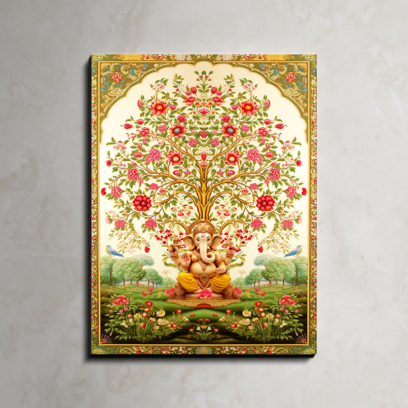 Tree of Life Pichwai With Ganesh Wood Print Wall Art