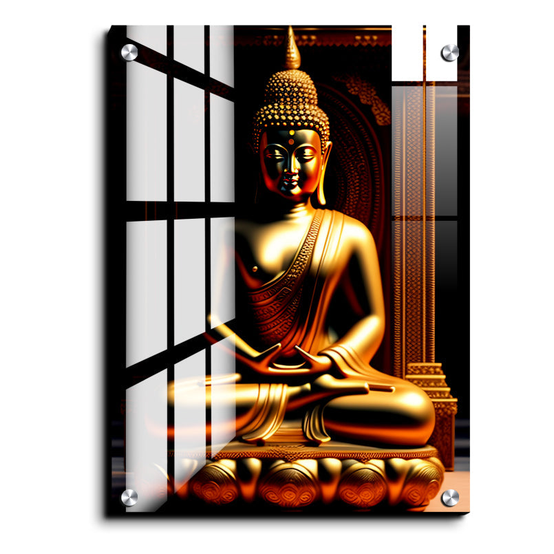 Meditating Buddha Idol Wood Print Wall Art Black & Gold