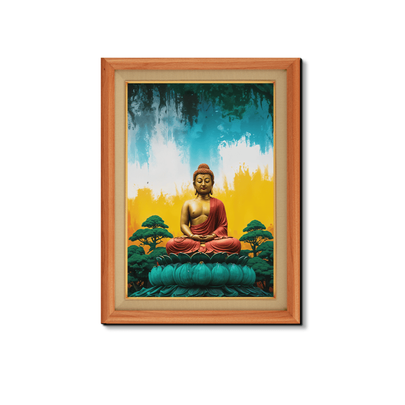 Buddha Chanting With Colorful Background Wood Print Wall Art 18x23 Inches