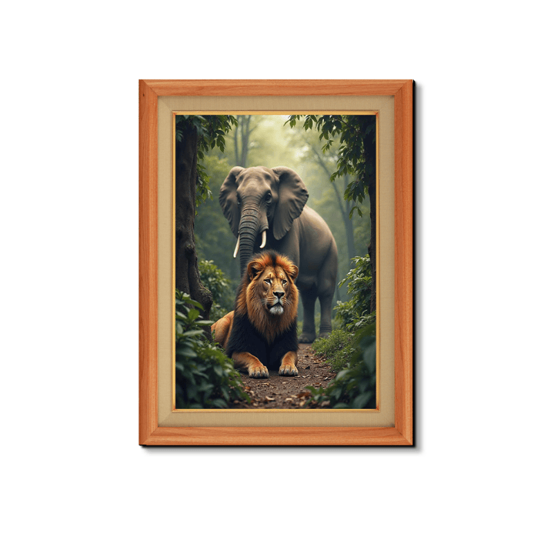 Elephant And Lion Wood Print Wall Art 18x23 Inches