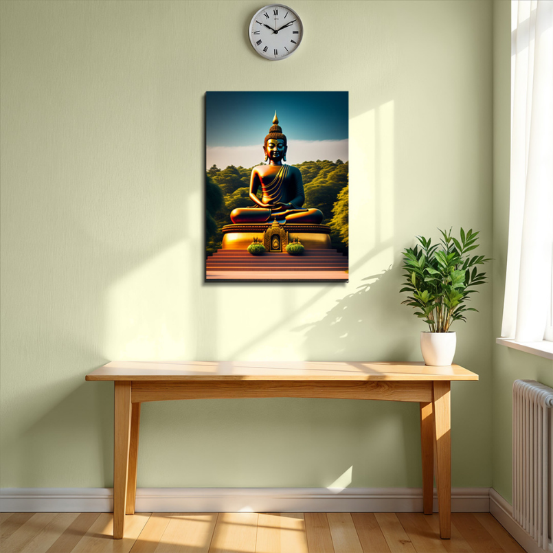 Buddha Meditating in Mountains Wood Print Wall Art