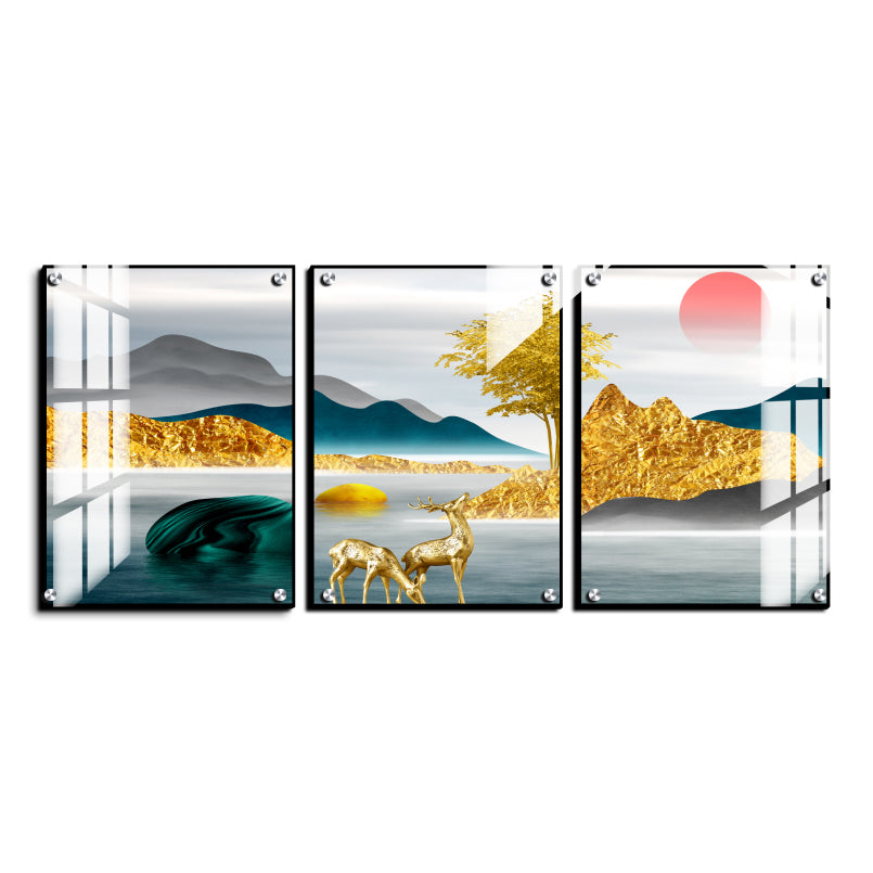 Assorted Landscape Golden Wood Print Wall Art Set of 3