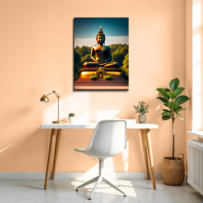 Buddha Meditating in Mountains Wood Print Wall Art
