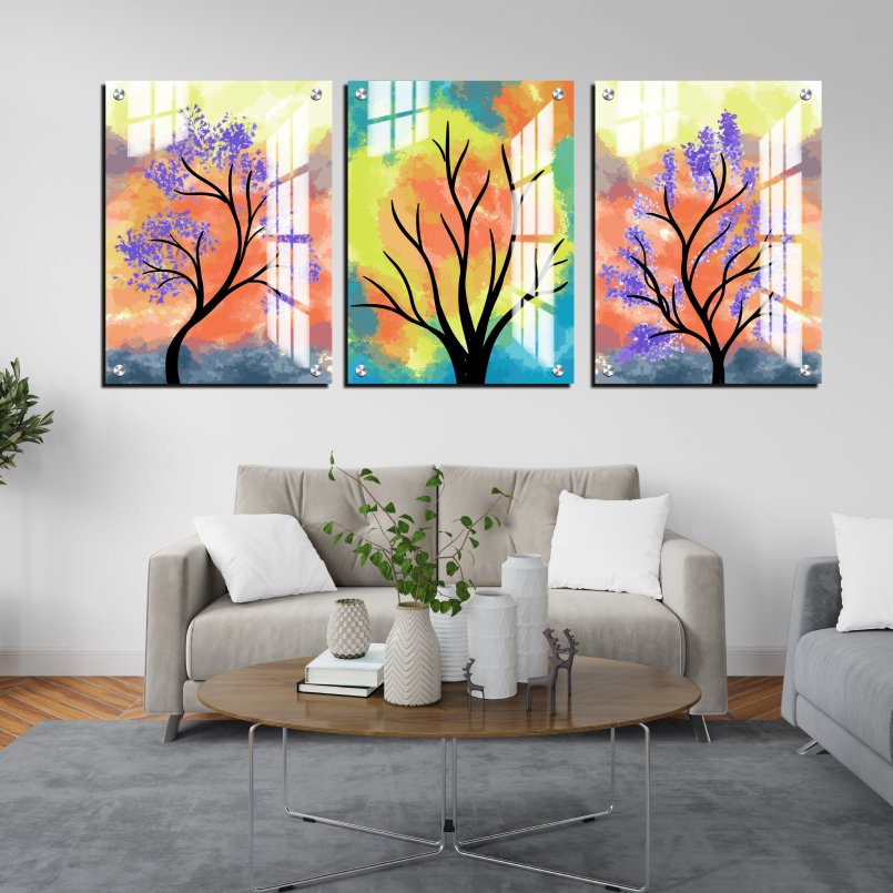Colorful Botanical Wood Print Wall Art Set of 3
