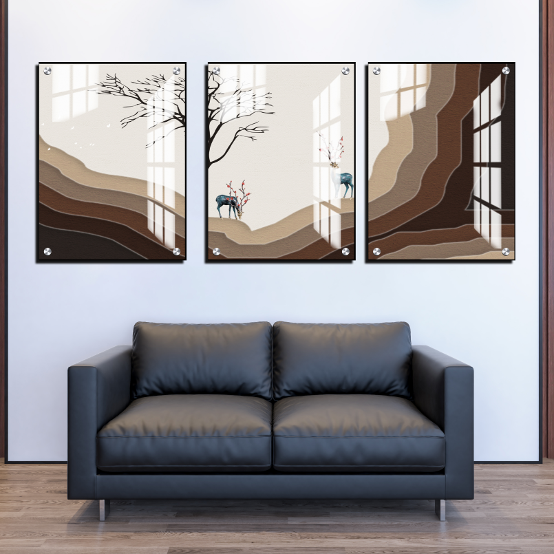 Lucky Deer Landscape Wood Print Wall Art Set of 3