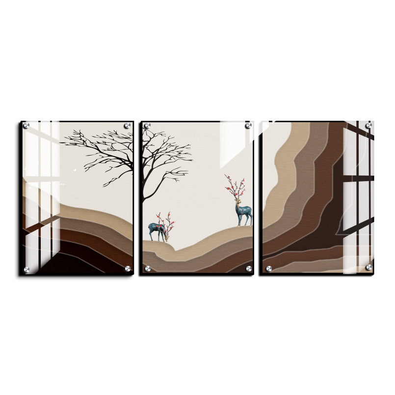 Lucky Deer Landscape Wood Print Wall Art Set of 3