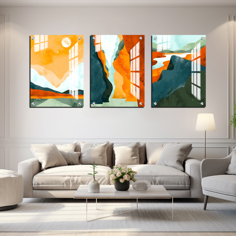 Orange Abstract Landscape Wood Print Wall Art Set of 3