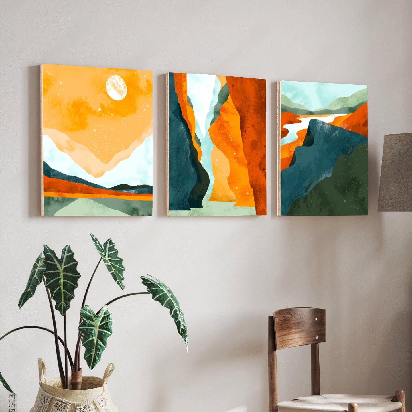 Orange Abstract Landscape Wood Print Wall Art Set of 3