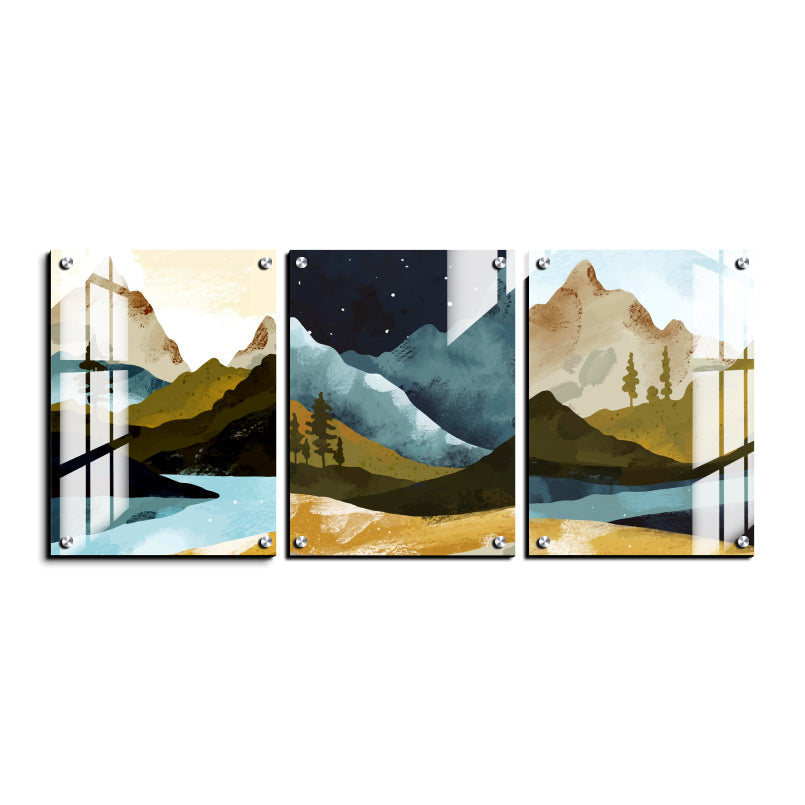 Mountain Night Wood Print Wall Art Set of 3
