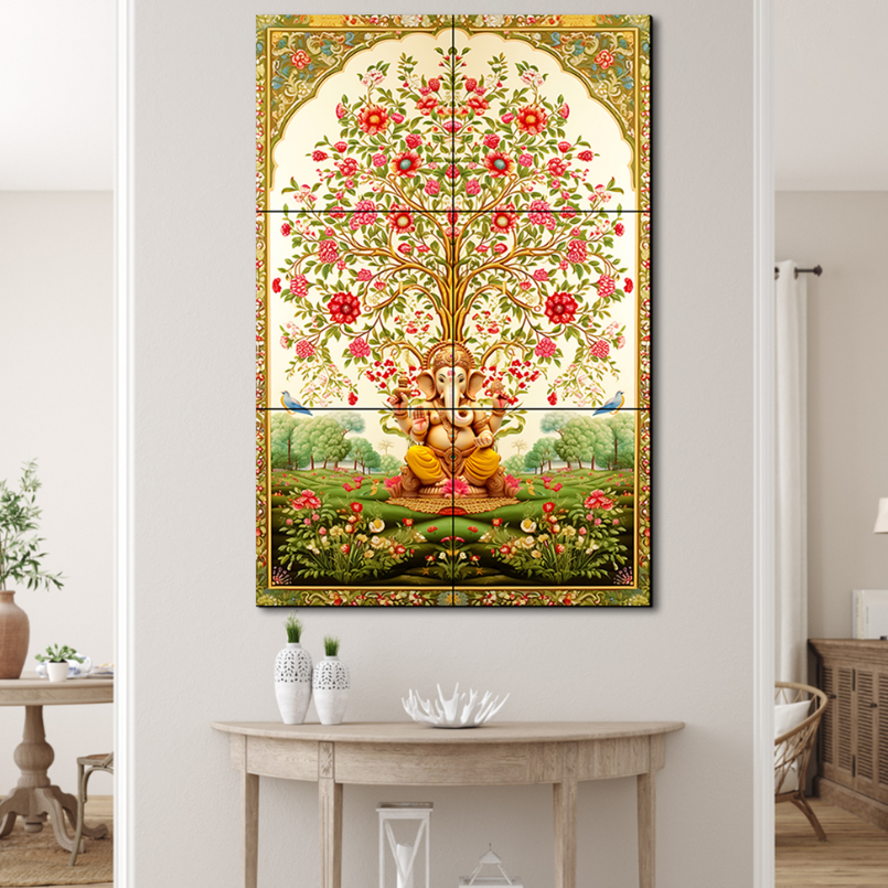 Tree of Life Pichwai With Ganesh Wood Print Luxury Wall Tiles Set