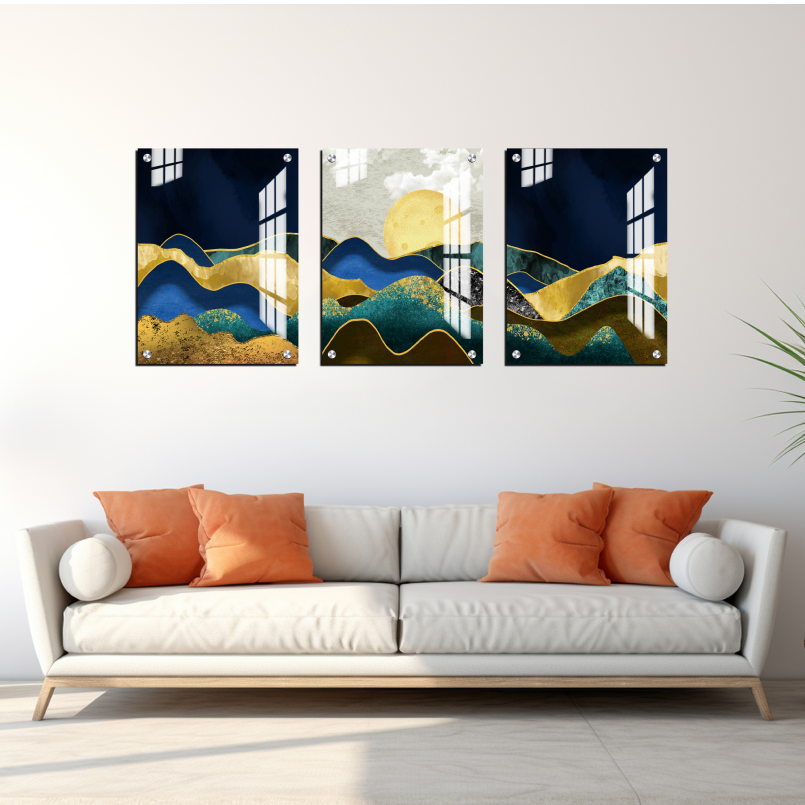 Blue & Gold Landscape Wood Print Wall Art Set of 3