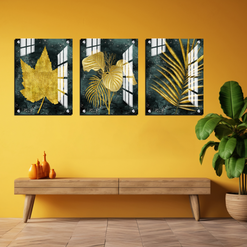 Assorted Gold Leaf Wood Print Wall Art Set of 3
