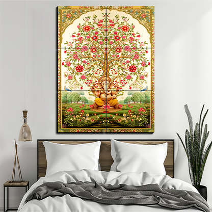 Tree of Life Pichwai With Ganesh Wood Print Luxury Wall Tiles Set