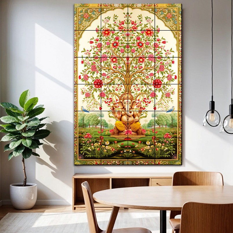 Tree of Life Pichwai With Ganesh Wood Print Luxury Wall Tiles Set