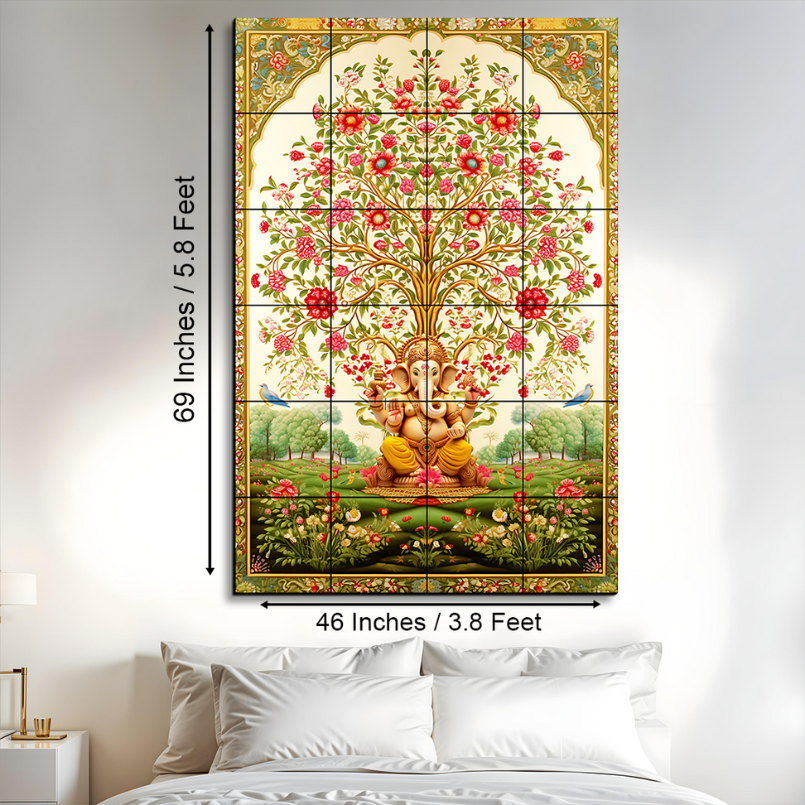 Tree of Life Pichwai With Ganesh Wood Print Luxury Wall Tiles Set