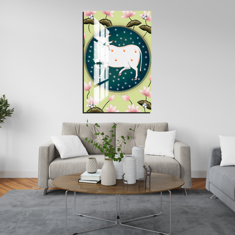 Cow and Lotus Pichwai Wood Print Wall Art