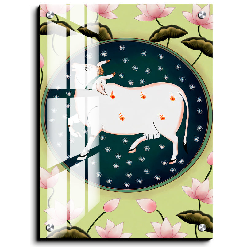 Cow and Lotus Pichwai Wood Print Wall Art
