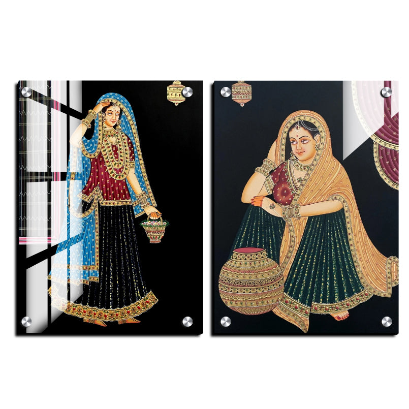 Traditional Women Royal Wood Print Wall Art Set of 2