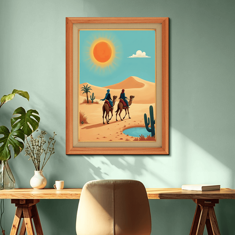 Camel Caravan With Riders In Jaisalmer Desert Wood Print Wall Art 18x23 Inches