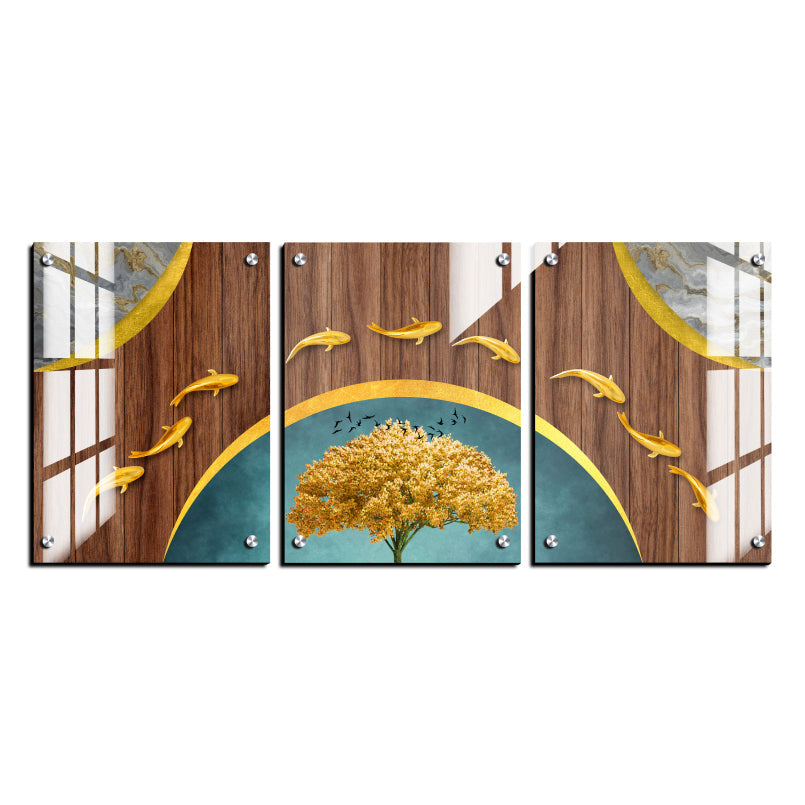 Lucky Gold Fishes Wood Print Wall Art Set of 3
