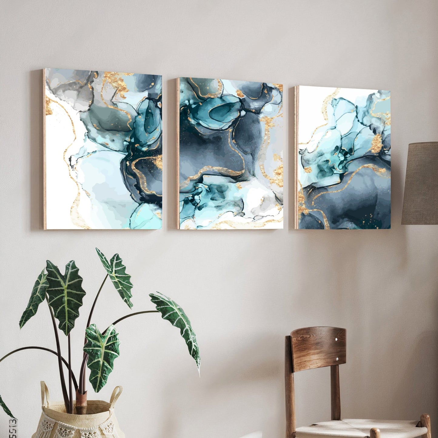 Abstract Blue and Gold Wood Print Wall Art Set of 3