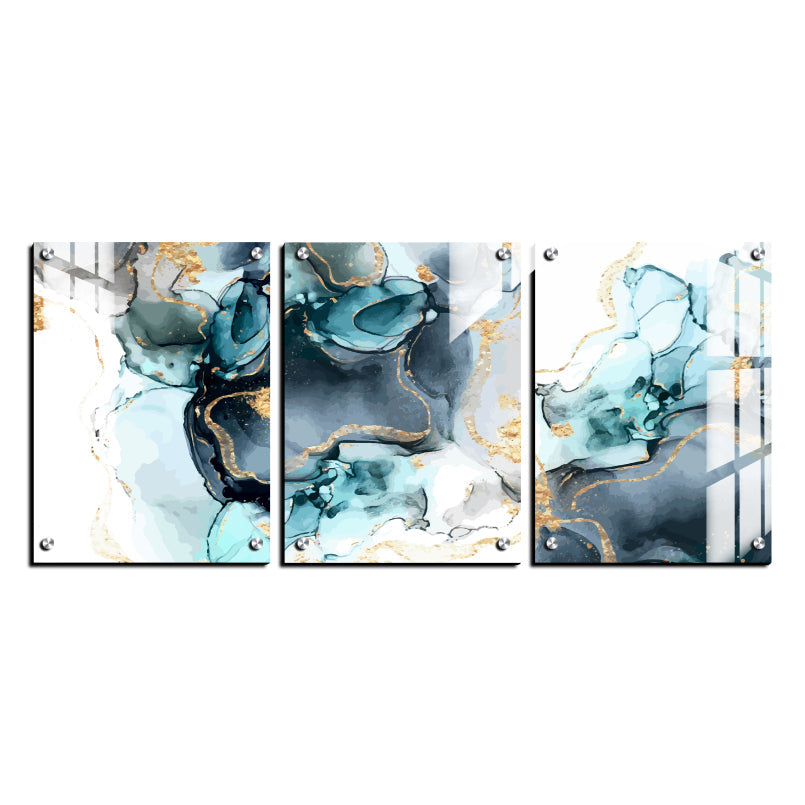Abstract Blue and Gold Wood Print Wall Art Set of 3