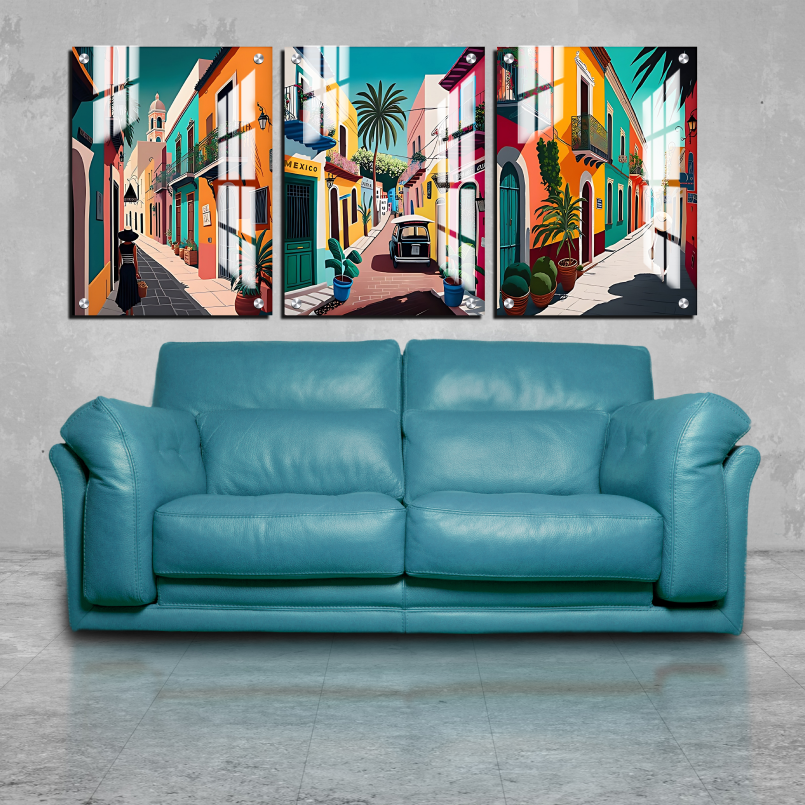 Mexico Street Colorful Wood Print Wall Art Set of 3