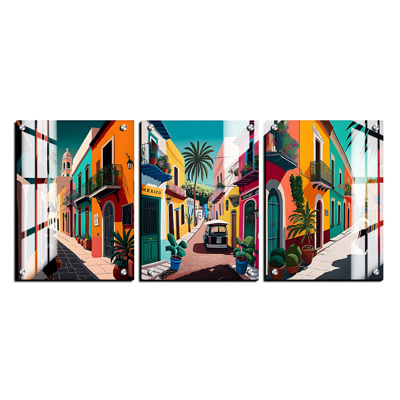Mexico Street Colorful Wood Print Wall Art Set of 3