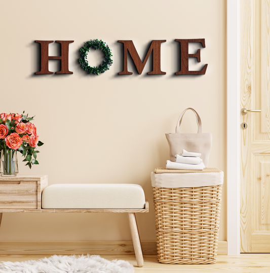 HOME Word With Ring Wreath Garland Wooden Sign Wall Art