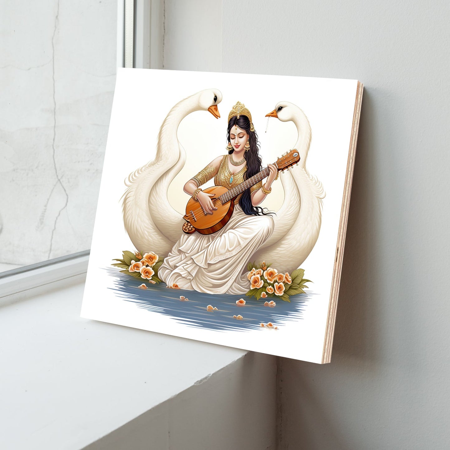 Goddess Saraswati With Veena Wood Print Wall Art