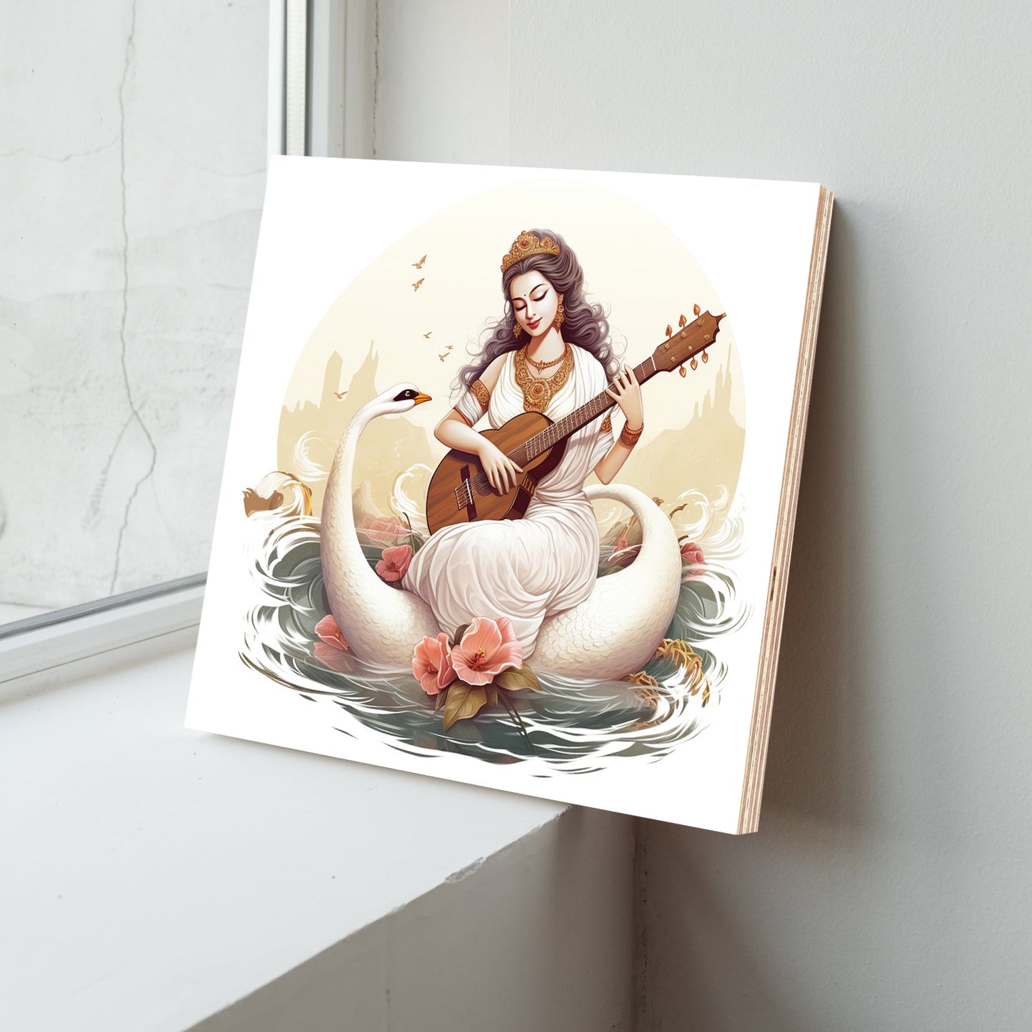 Goddess Saraswati Playing With Veena Wood Print Wall Art