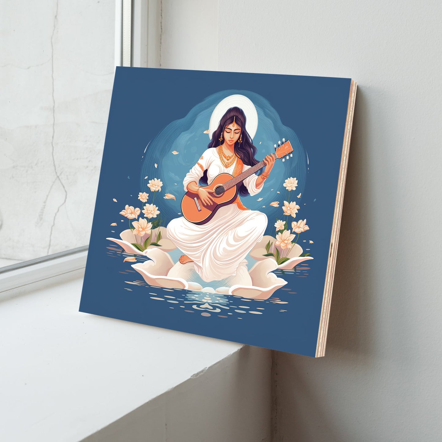 Goddess Saraswati Blue Wood Print Wall Art