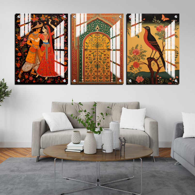 Traditional Rajasthani Couple Pichwai Wood Print Wall Art Set of 3