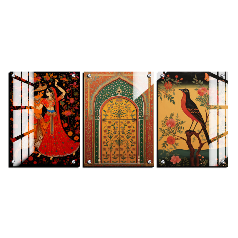 Traditional Rajasthani Couple Pichwai Wood Print Wall Art Set of 3