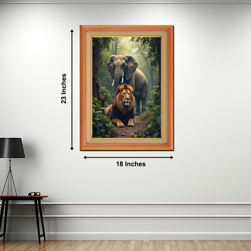 Elephant And Lion Wood Print Wall Art 18x23 Inches