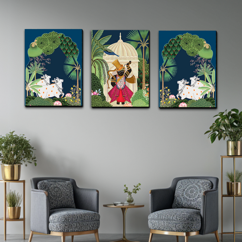 Set of 3 Shrinath Ji Pichwai Cow Wood Print Wall Art