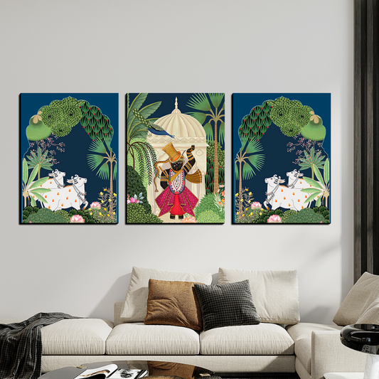 Set of 3 Shrinath Ji Pichwai Cow Wood Print Wall Art