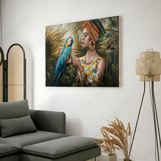 Lady With Parrot Beautiful Wood Print Wall Art